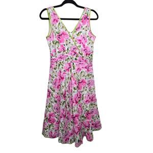Amanda Lane Womens SZ 8 Pink/Green Floral Fit & Flare Sleeveless Dress Coquette